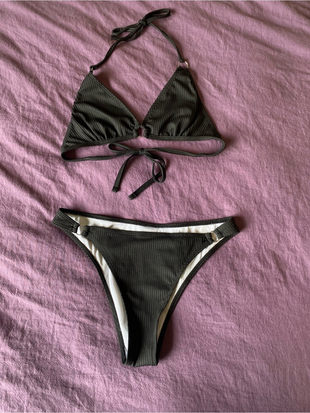 NEW Ribbed Black Triangle Halter Bikini Set